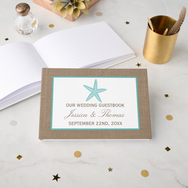 Livre D'or Starfish Turquoise Burlap Beach Wedding Collection (Recto ouvert)