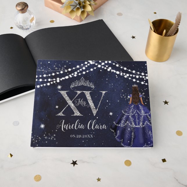 Livre D'or Starry Night Marine Bleu Argent XV 15 Quinceanera (Recto ouvert)