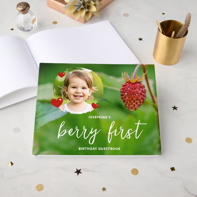 Livre D'or Strawberry Kid's Custom Photo Berry First Birthday (Recto ouvert)