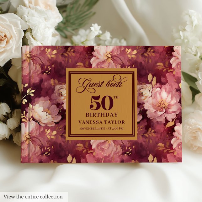 Livre D'or Style Boho Merlot Blush Gold Floral 50 Anniversair (Stylish Boho Merlot Blush Gold Floral 50 Birthday Guest Book)