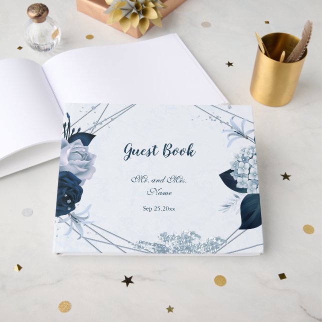 Livre D'or sublime marine et des fleurs bleues poussiéreuses  (Recto ouvert)