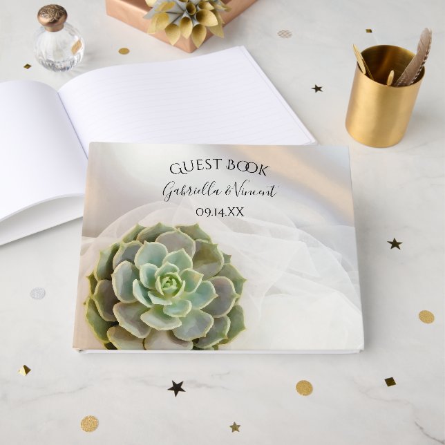 Livre D'or Succulent vert sur Mariage blanc (Recto ouvert)
