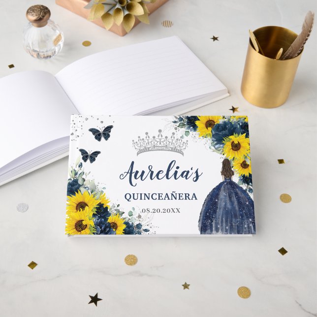 Livre D'or Sunflower Navy Blue Princess Silver Quinceañera (Recto ouvert)