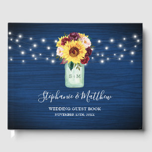 Livre D'or Sunflowers Marine Blue Mason Jar Lumières Mariage