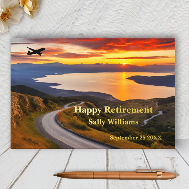 Livre D'or Sunset Landcape Avion Véritable huile (Retirement guest book featuring an airplane in a landscape scene at sunset with your real foil texts)