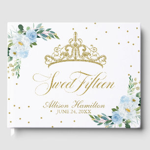 Livre d'or Sweet 15 Couronne dorée Fleurs Bleu béb