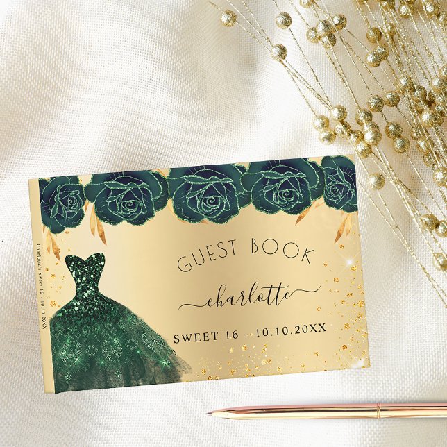Livre D'or Sweet 16 fleurs de robe en or vert émeraude (Créateur téléchargé)