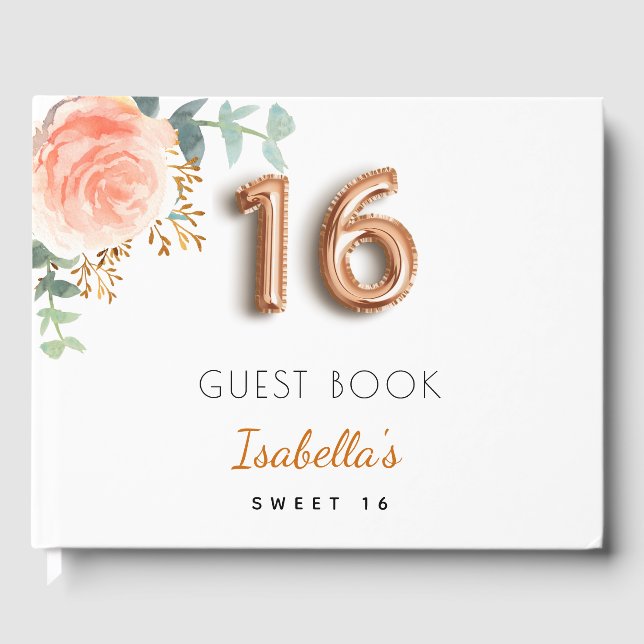 Livre D'or Sweet 16 rose fleuri or eucalyptus monogramme (Recto)