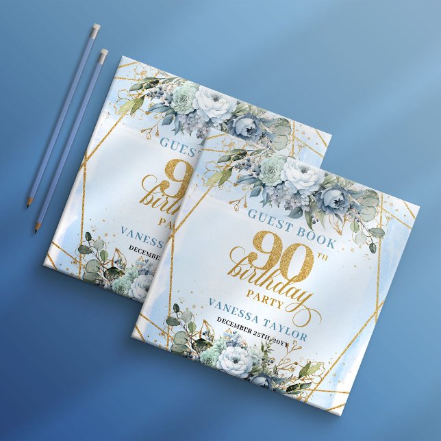 Livre D'or Sweet Dusty Blue Floral Frame 90Birthday Sign In (Sweet Dusty Blue Floral Frame 90th Birthday Sign In Guest Book

)