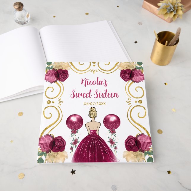 Livre D'or Sweet Sixteen Blonde Hair Princess in Burgundy (Recto ouvert)