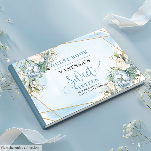 Livre D'or Sweet sixteen de peintres Pastel Bleu Blancs (Glittery Pastel Blue White Peonies Sweet Sixteen Guest Book)