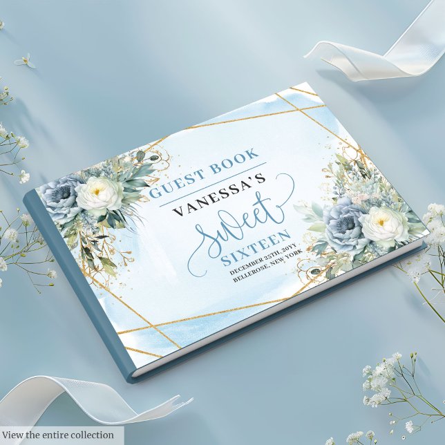 Livre D'or Sweet sixteen floral blanc bleu foncé élégant (Stylish Dusty Blue White Floral Sweet 16 Guest Book)