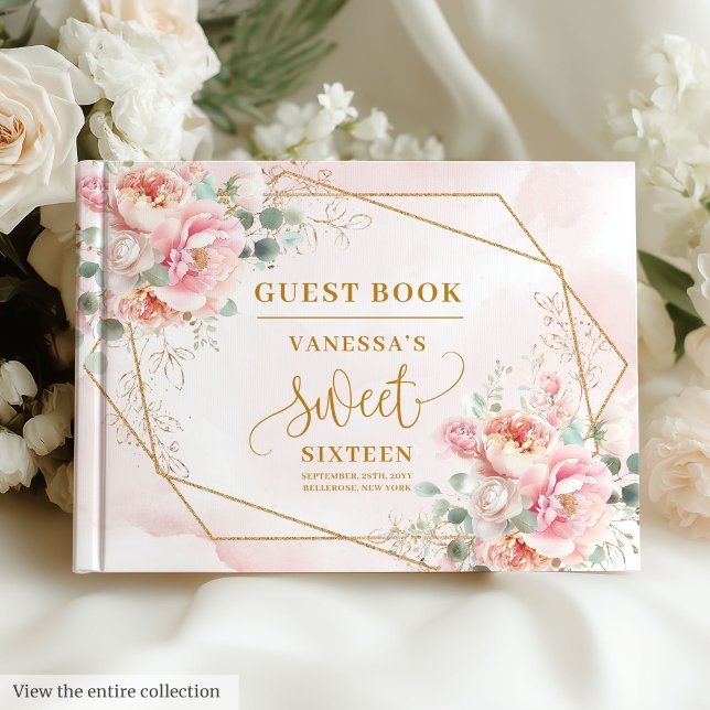 Livre D'or Sweet sixteen Floral Or Rose Sage rose moderne (Modern Blush Pink Sage Gold Floral Sweet 16 Guest Book)