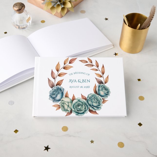 Livre D'or Teal Roses and Copper Leaves Wedding (Recto ouvert)