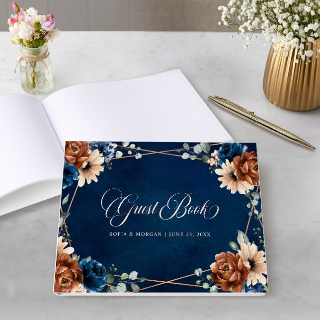Livre D'or Terracotta Marine Bleu Vert Mariage géométrique (Terracotta Navy Blue Greenery Geometric Wedding Guest Book)