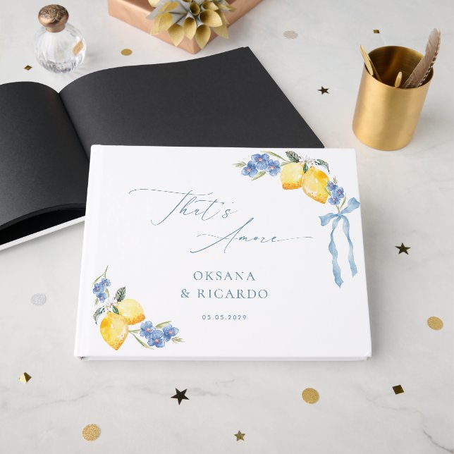Livre D'or That's Amore Blue Bow Lemons Italian Wedding (Recto ouvert)