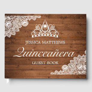 Livre D'or Tiara Quinceañera, dentelle blanche et bois rusti