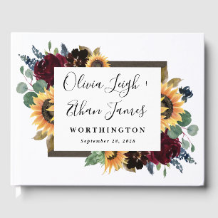 Livre D'or Tournesol et Rose Bourgogne Rouge Mariage bleu de