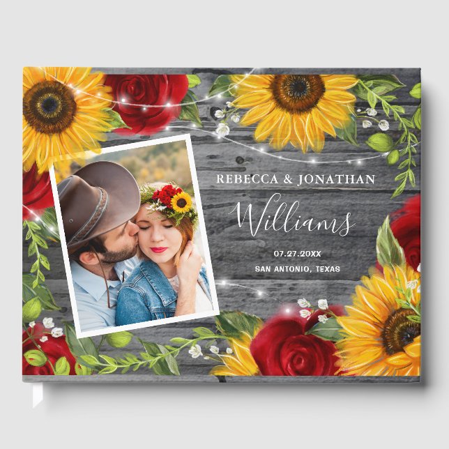 Livre D'or Tournesol rustique Bourgogne Rouge Rose Mariage (Recto)