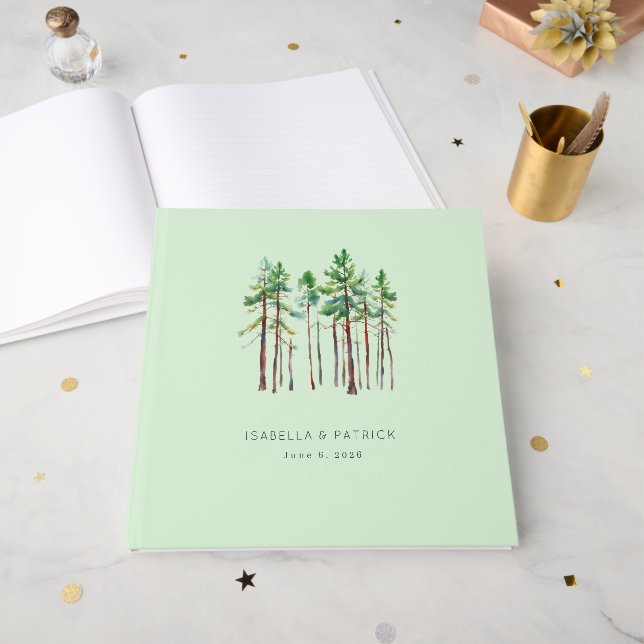 Livre D'or Tranquil Mint Watercolor Pine Trees (Recto ouvert)