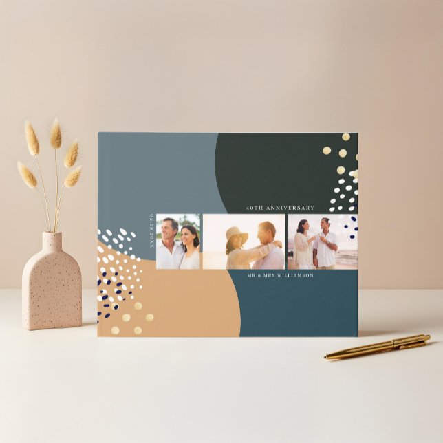 Livre D'or Trois photos Abstrait Disposition Anniversaire cha (Abstract Three Photo Layout Warm Anniversary Guest Book)