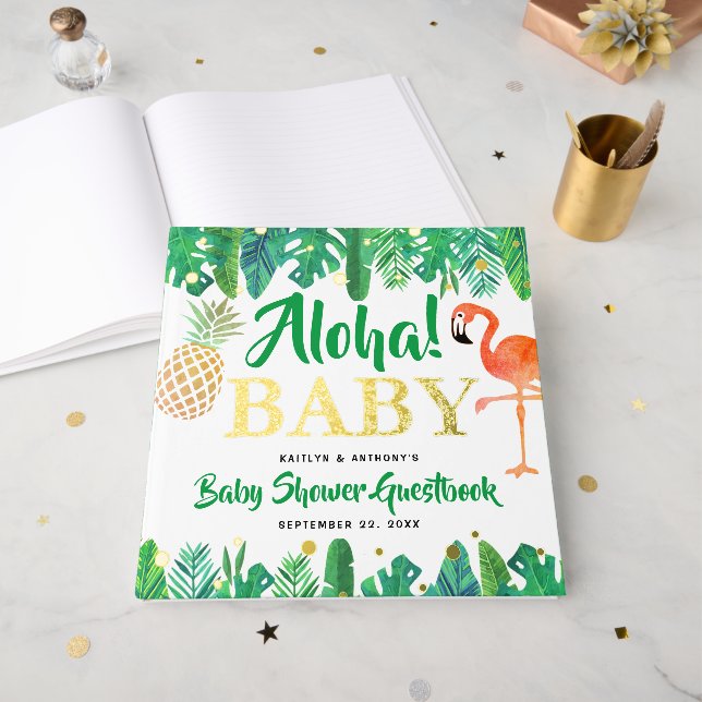 Livre D'or Tropical Summer Beach Luau Boys Baby shower Real (Recto ouvert)