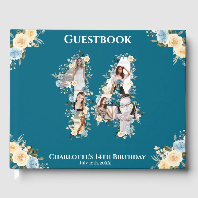 Livre D'or Turquoise 14e anniversaire Photo Collage Fleur Jau (Recto)