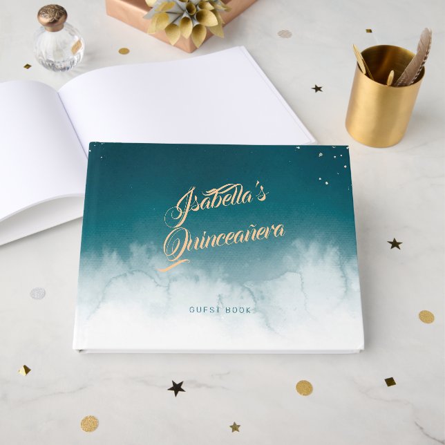 Livre D'or Turquoise aquarelle Golden Splatter Quinceañera (Recto ouvert)