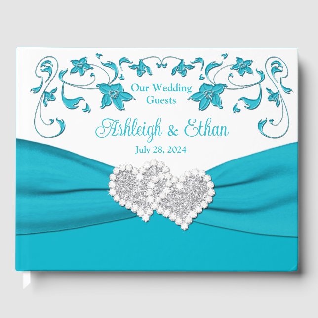Livre D'or Turquoise, Blanc, Silver Love Hearts Mariage (Recto)
