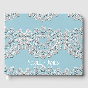 Livre D'or Turquoise Bleu Blanc Dentelle Cœur Mariage
