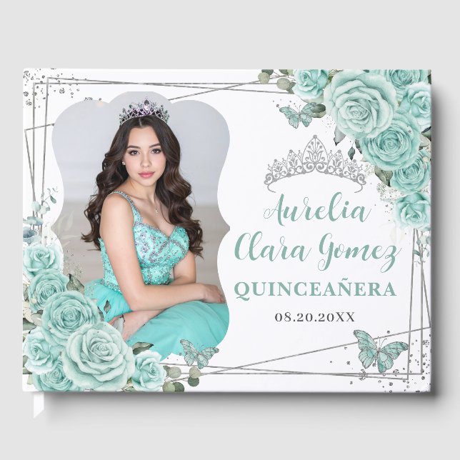 Livre D'or Turquoise Floral Butterflies QUINCEAÑERA 16 Photo (Recto)