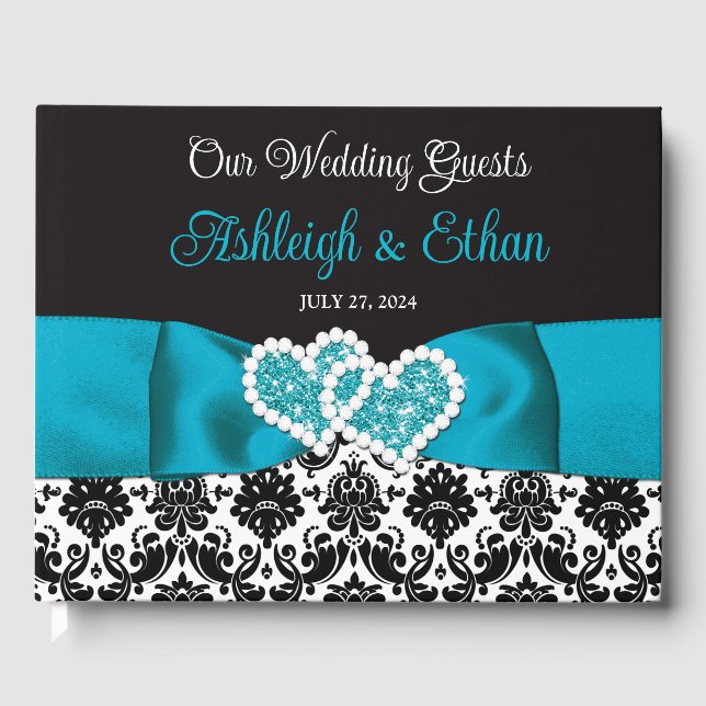 Livre D'or Turquoise, Noir Damask Love Hearve Mariage (Recto)
