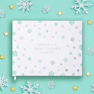 Livre D'or Turquoise Silver Snowflakes Hiver Baby shower neut
