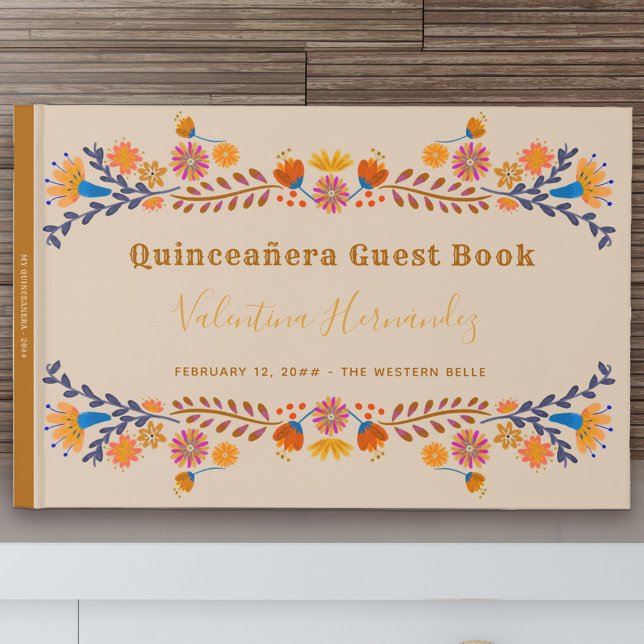 Livre D'or Typographie occidentale florale mexicaine Quincean (Quinceanera Guest Book to gather signature and well wishes from the special day)