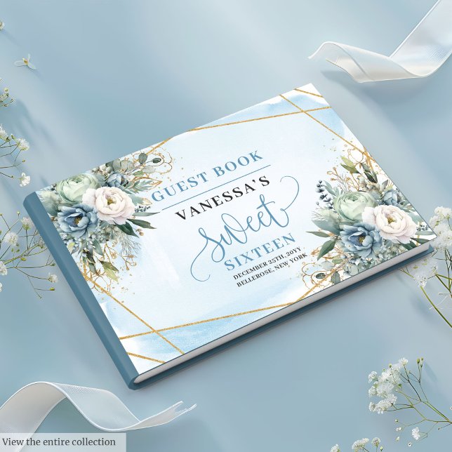 Livre D'or Unique Dusty Bleu Blanc Or Fleurs Sweet sixteen (Unique Dusty Blue White Gold Flowers Sweet 16 Guest Book)