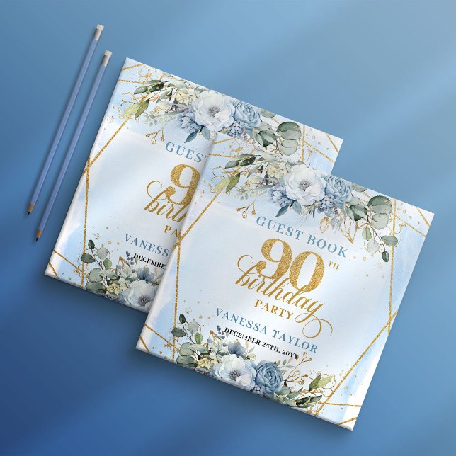 Livre D'or Unique Élégant Script Bleu Poussiéreux 90e Anniver (Unique Elegant Script Dusty Blue 90th Birthday Guest Book

)