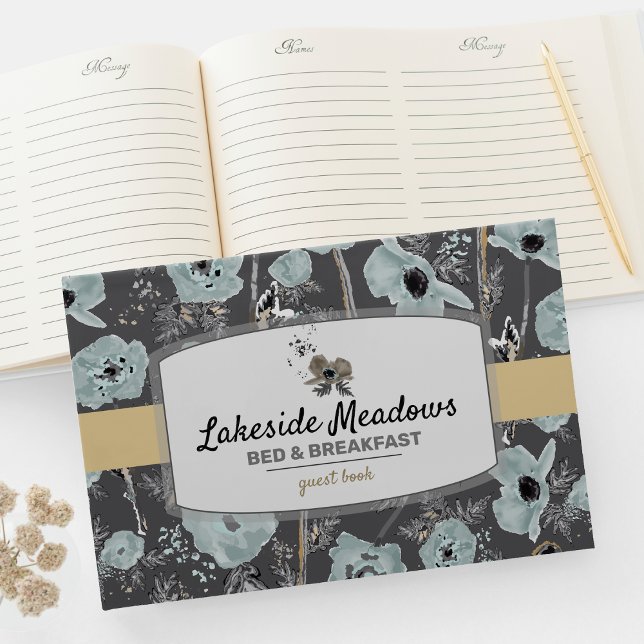 Livre D'or Vacances Location Aquarelle Floral Motif (Poppies Gray Blue Black Watercolor Flowers guest book. Design by Jenn Steffen for Studio Posies.)