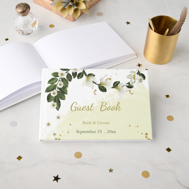 Livre D'or verdure romantique à fleurs blanches et or (Recto ouvert)