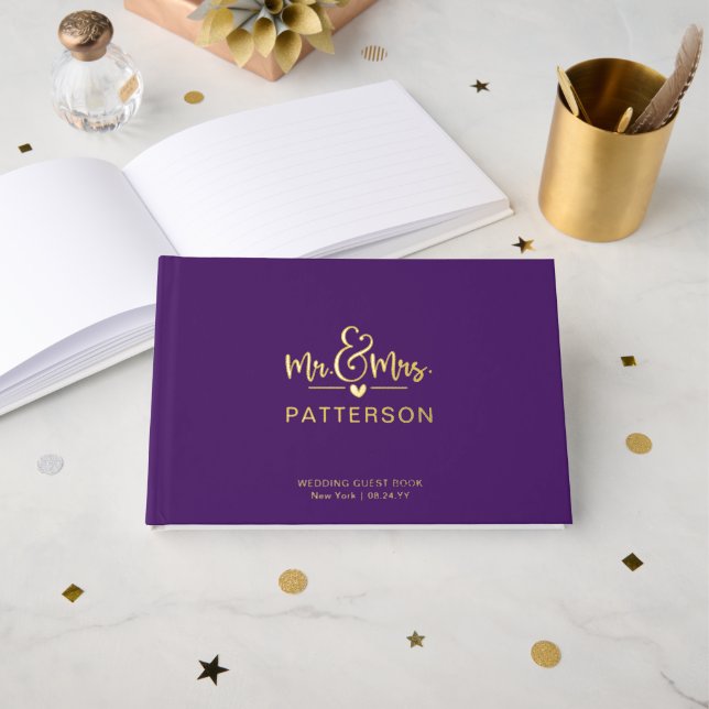 Livre D'or Véritable Foil M & Mme Personalized Purple Mariage (Recto ouvert)