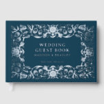 Livre D'or Véritable Foil Vintage Floral Mariage<br><div class="desc">Real Foil Vintage Floral Blue Mariage Guest Book dispose d'une bordure à cadre de fleurs vintage en feuille d'argent avec vos noms,  emplacement et date mariage sur un arrière - plan bleu. Ajoutez votre texte personnalisé sur la colonne vertébrale du livre d'or. Créé par Evco Studio www.zazzle.com/store/evcostudio</div>