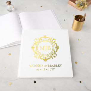Livre D'or Véritable Or Feuille Florale Monogramme Élégant Ma