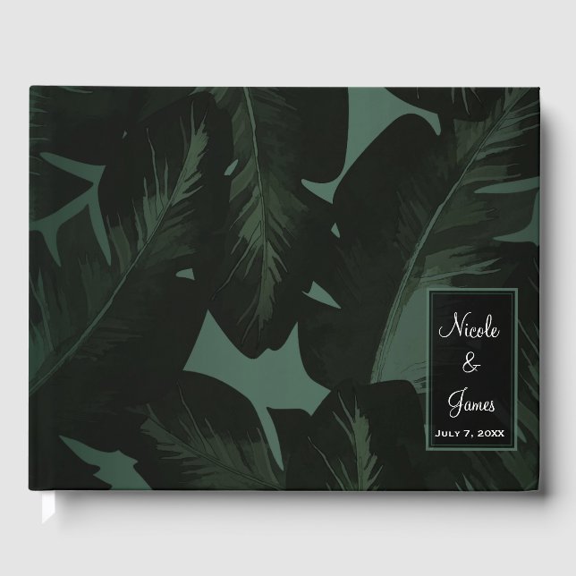 Livre D'or Vert et noir Chic Feuilles Tropicales Mariage (Recto)