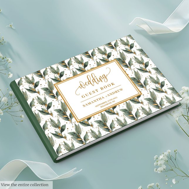 Livre D'or Vêtements mariages feuille d'or vert forêt raffiné (Refined forest green leaves gold wedding wishes guest book)