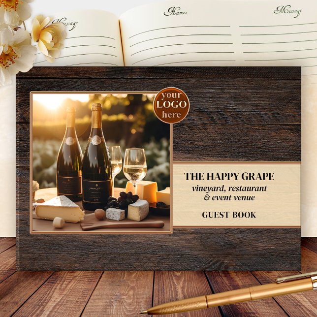 Livre D'or Vignoble rustique en bois (Business guest book featuring your custom photo framed by a rustic wood design with logo and QR code)