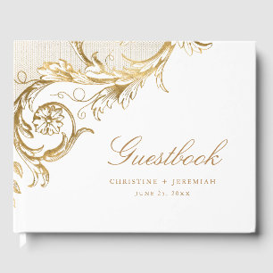 Livre D'or Vintage blanc or Floral Damask Script Mariage