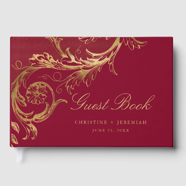 Livre D'or Vintage Burgundy Gold Floral Damask Script Mariage (Recto)