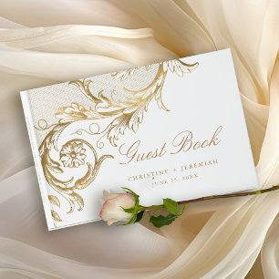 Livre D'or Vintage or Floral Damask Script Mariage blanc