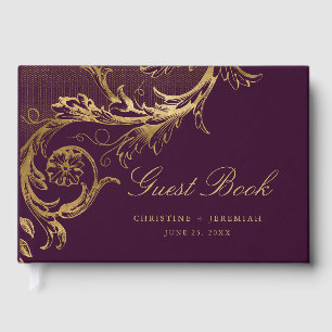 Livre D'or Vintage Purple Gold Floral Damask Script Mariage