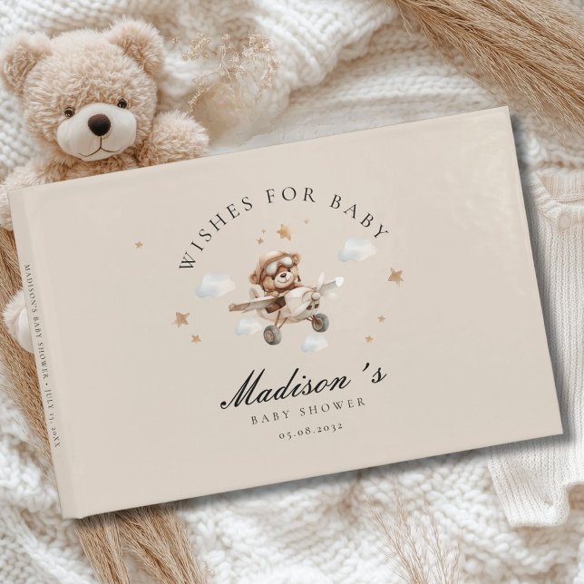 Livre D'or Voeux pour bébé! Ours et avion en peluche (Personalized "Wishes for Baby!" Baby Shower, Beige Guest Book. For Baby Boy and Girl.)