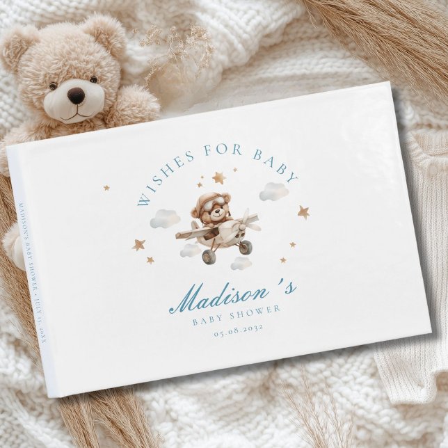 Livre D'or Voeux pour bébé! Ours et avion en peluche (Personalized "Wishes for Baby!" Baby Shower, White Guest Book. For Baby Boy.)